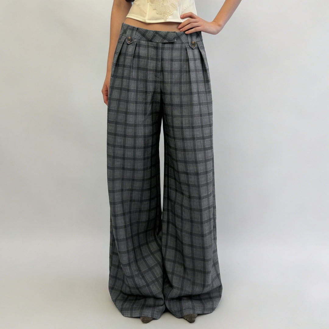 Damen Weite Karierte High-Waist Culotte-Hose mit Bundfalten Drune