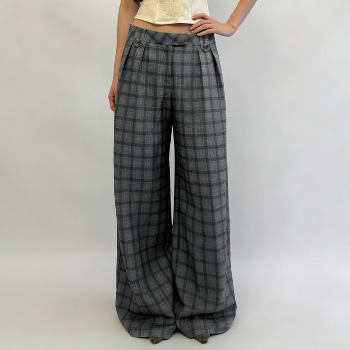 Damen Weite Karierte High-Waist Culotte-Hose mit Bundfalten Drune