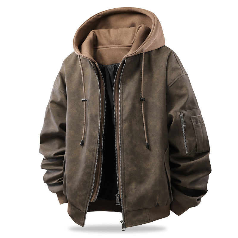 Herren Oversized Kunstleder-Bomberjacke mit Kapuze, Ärmeltasche und Reißverschluss Drune