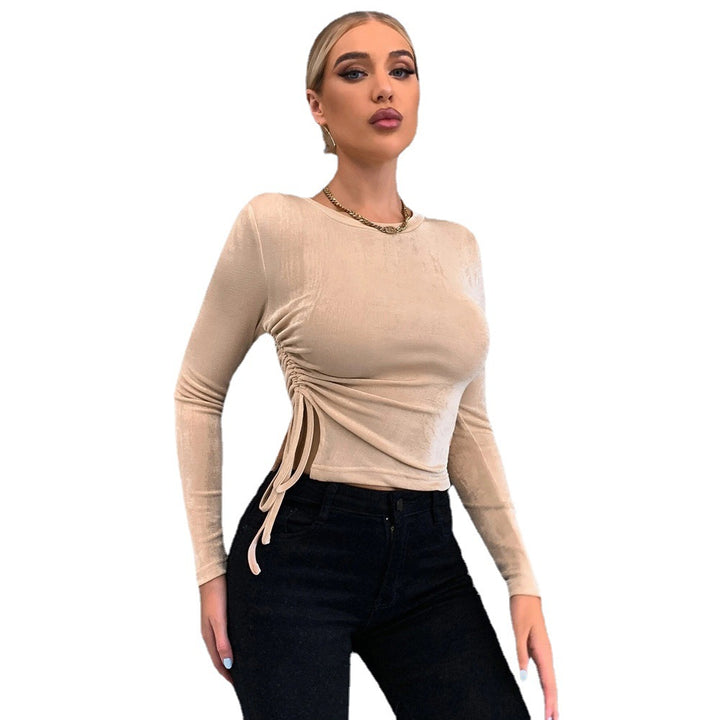 Damen figurbetontes Langarm-Top mit seitlicher Raffung, Tunnelzug und schmeichelnder Sculpting‑Passform Drune