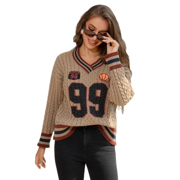 Damen Schräg ausgeschnittener Zopfstrick-Pullover im College‑Look Drune