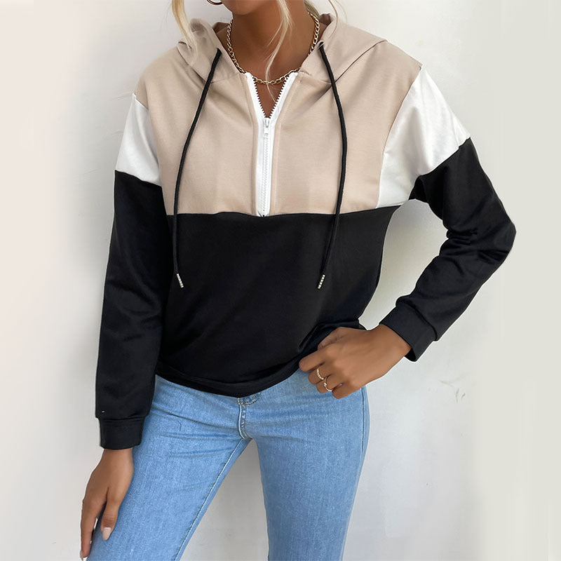 Damen Kapuzenpullover mit halbem Reißverschluss, Colorblock‑Design und Tunnelzug Drune