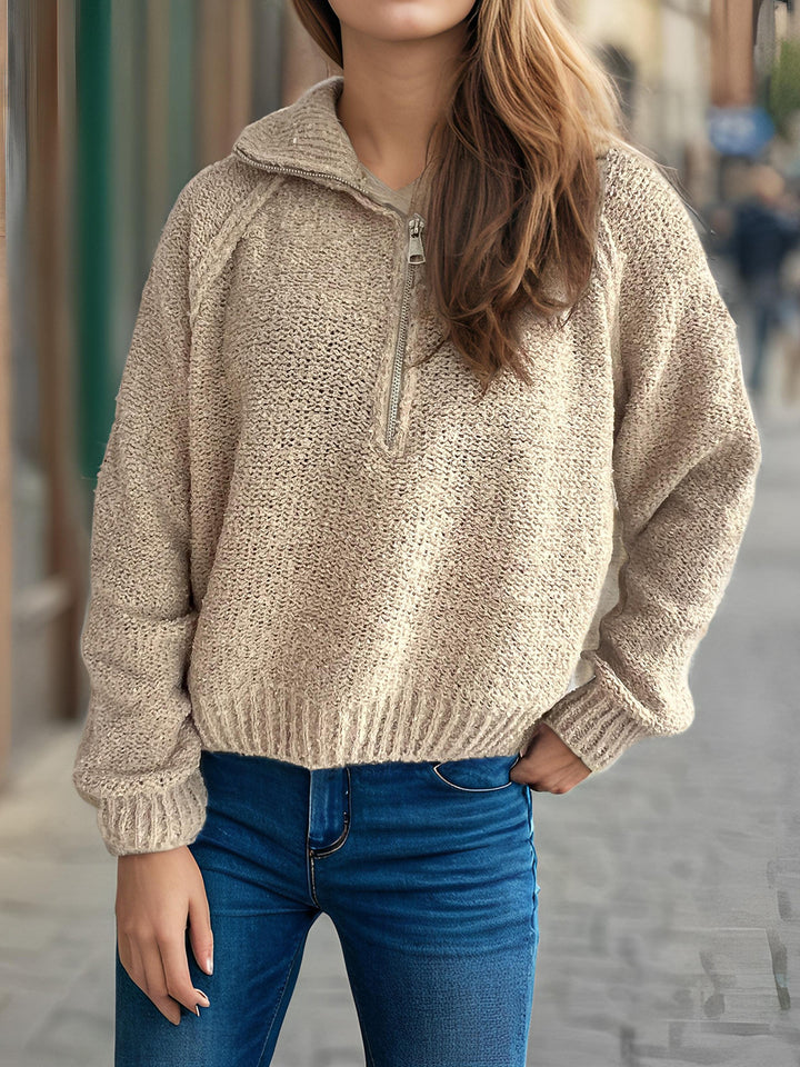 Damen gemütlicher Strickpullover mit hochschließendem Reißverschluss und oversized Ärmeln Drune