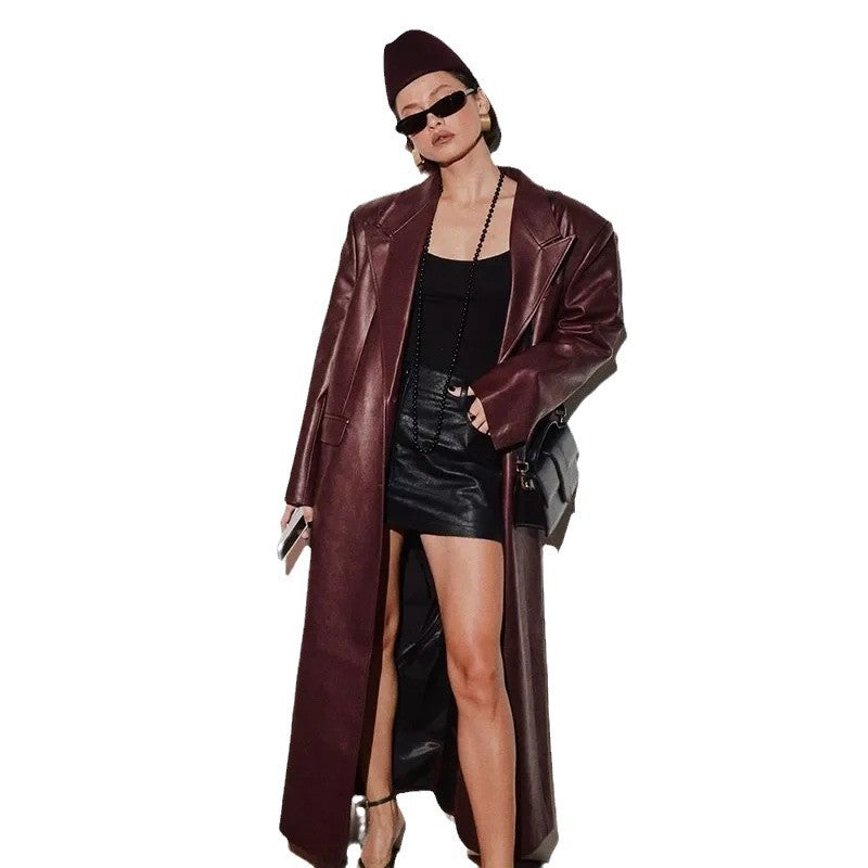 Damen modischer Kunstleder-Mantel mit elegantem Schnitt Drune