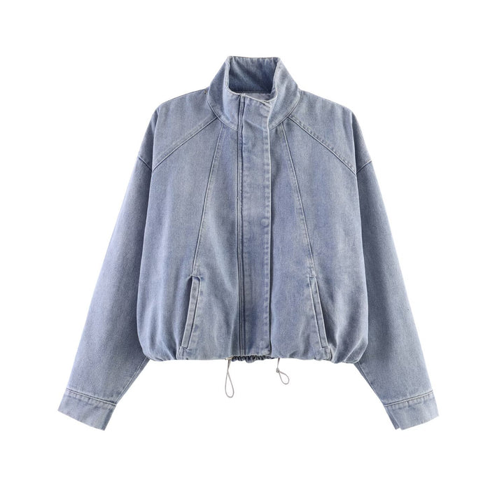 Damen Oversized Jeans-Bomberjacke mit Stehkragen und Tunnelzug Drune