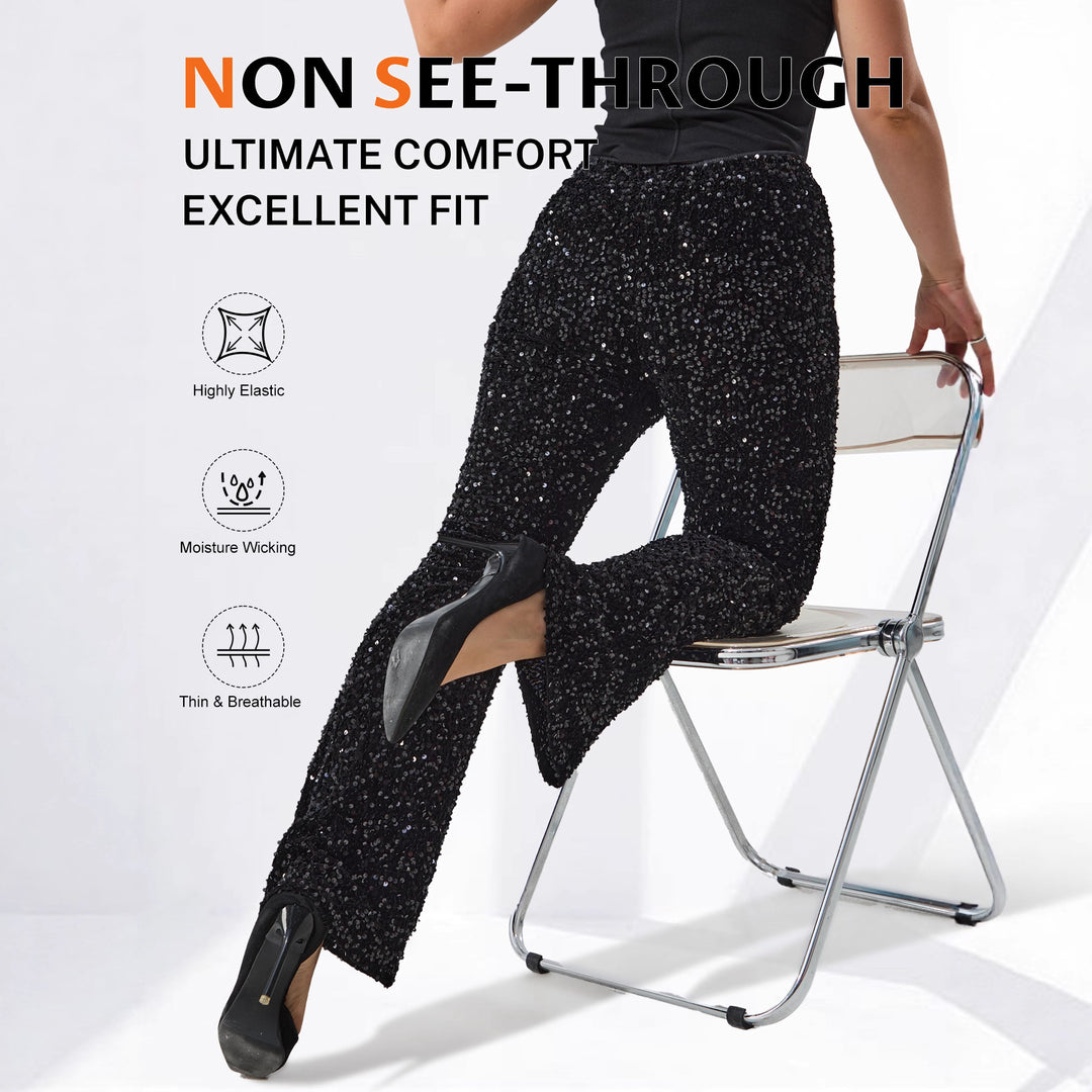 Damen Glamouröse Pailletten-Flared-Hose mit hohem Bund und Stretch Drune