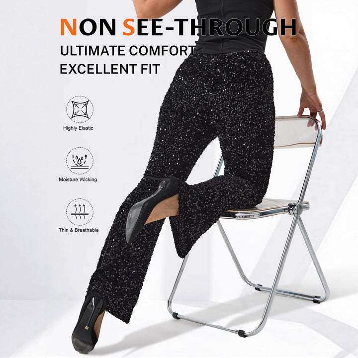 Damen Glamouröse Pailletten-Flared-Hose mit hohem Bund und Stretch Drune