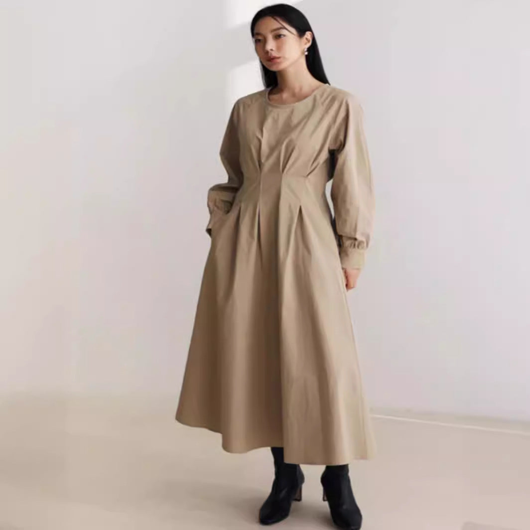 Damen Maxikleid mit Taillenabnähern, Rundhalsausschnitt und voluminösen Manschetten Drune