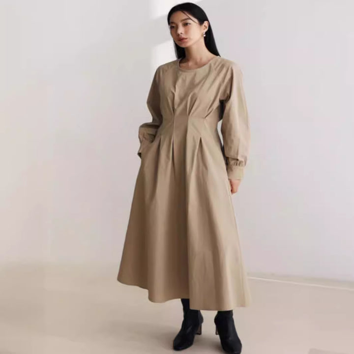 Damen Maxikleid mit Taillenabnähern, Rundhalsausschnitt und voluminösen Manschetten Drune