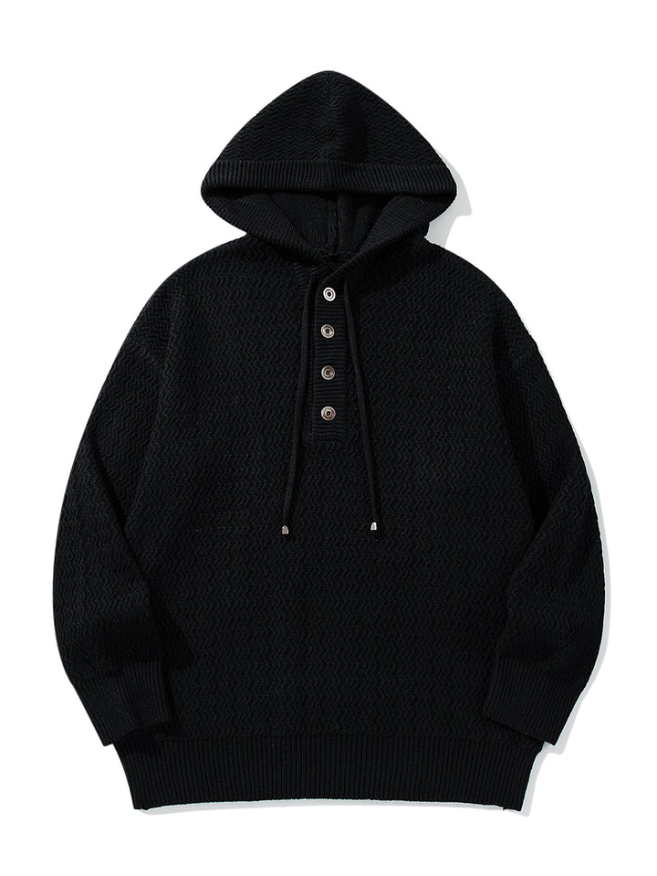 Unisex Strukturierter Kapuzen‑Strickpullover mit Henley‑Knopfleiste Drune