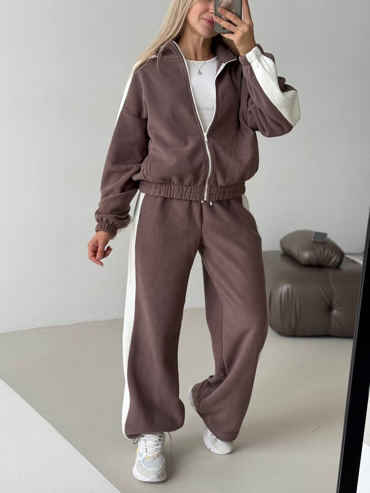 Damen sportlich-elegantes Fleece-Trainingsset mit kurzem Stehkragen-Zip, elastischem Bund und seitlichen Kontrastbahnen Drune