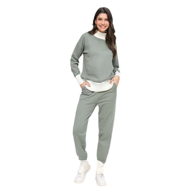 Damen komfortables Strick-Loungewear-Set mit hohem Kragen und elastischen Bündchen Drune