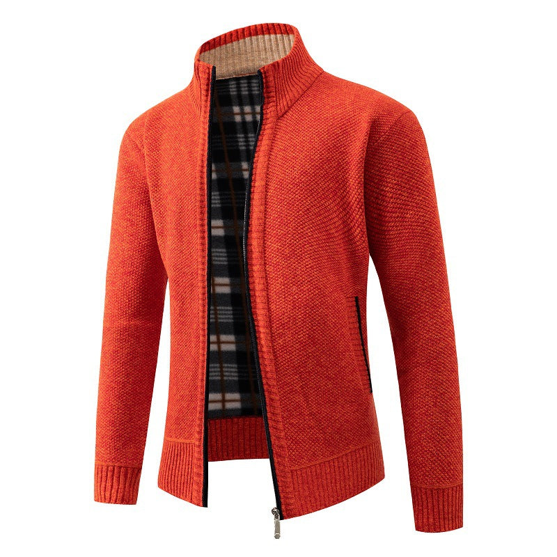 Herren Strukturiertes Zip-Strickjacke mit Karo‑Fleece‑Futter und Stehkragen Drune