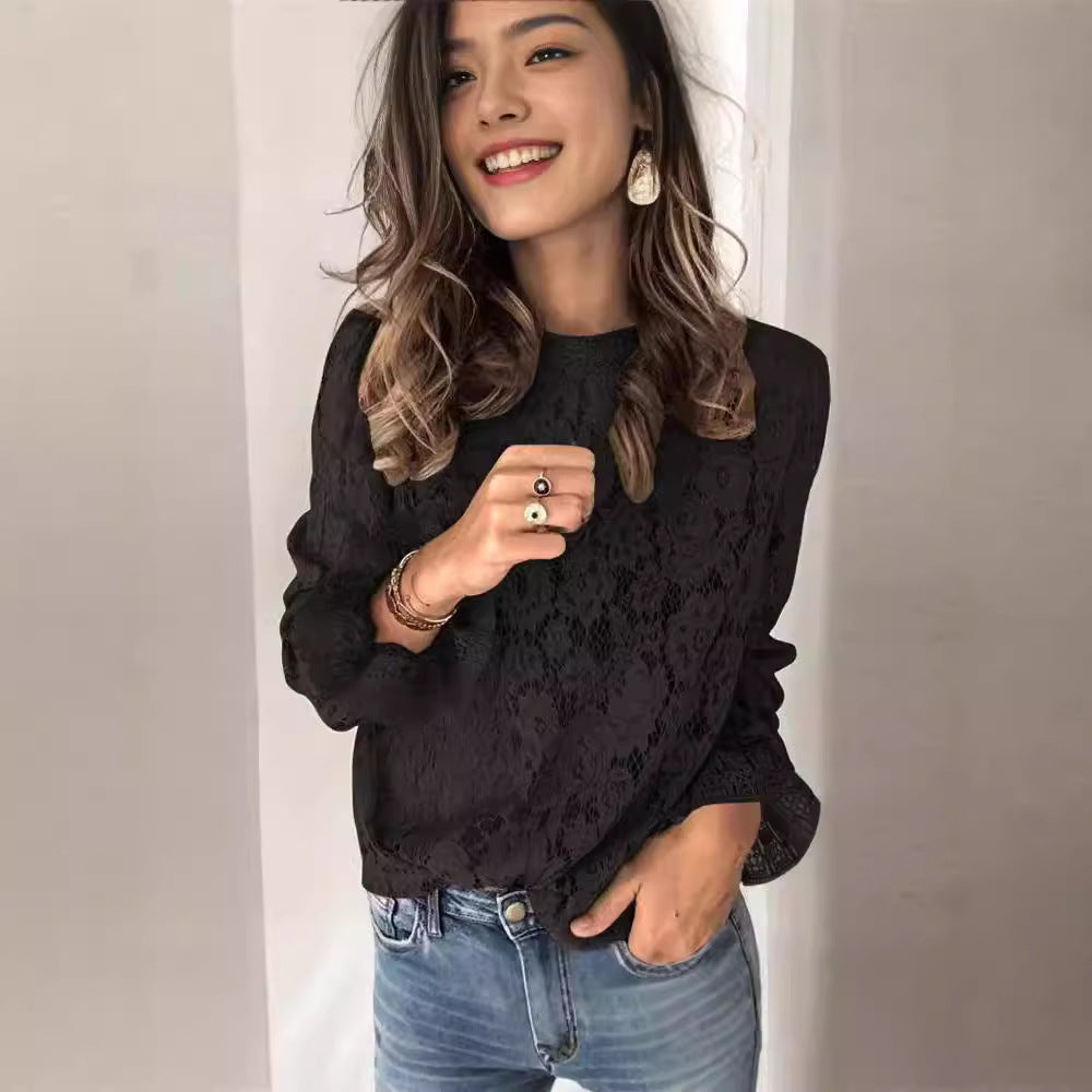 Damen Spitzenoberteil mit elegantem Blumenmuster und langen Ärmeln Drune