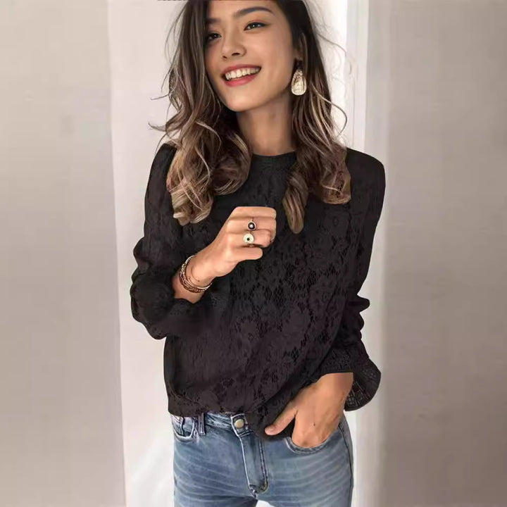 Damen Spitzenoberteil mit elegantem Blumenmuster und langen Ärmeln Drune