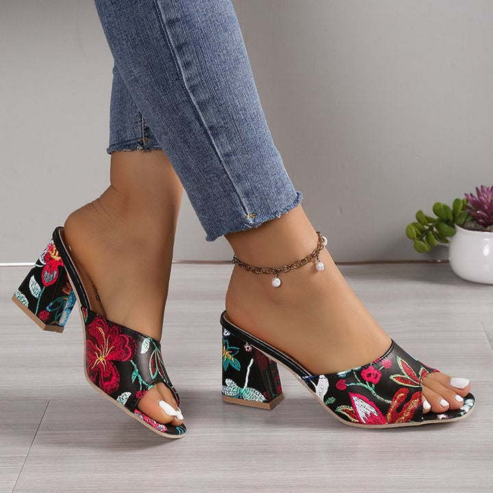 Damen Mules mit floralem Design und komfortablem Blockabsatz Drune