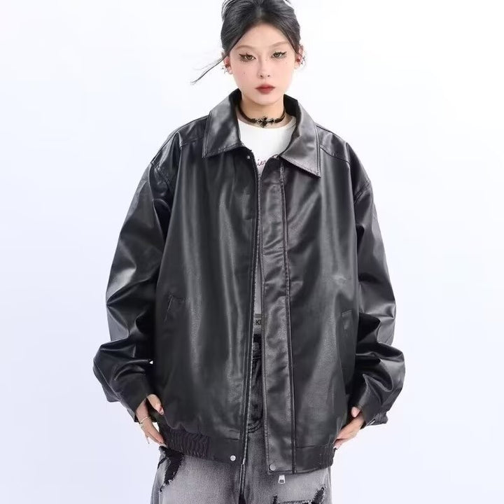 Damen Oversized Kunstleder-Blouson mit elastischem Saum und Hemdkragen Drune