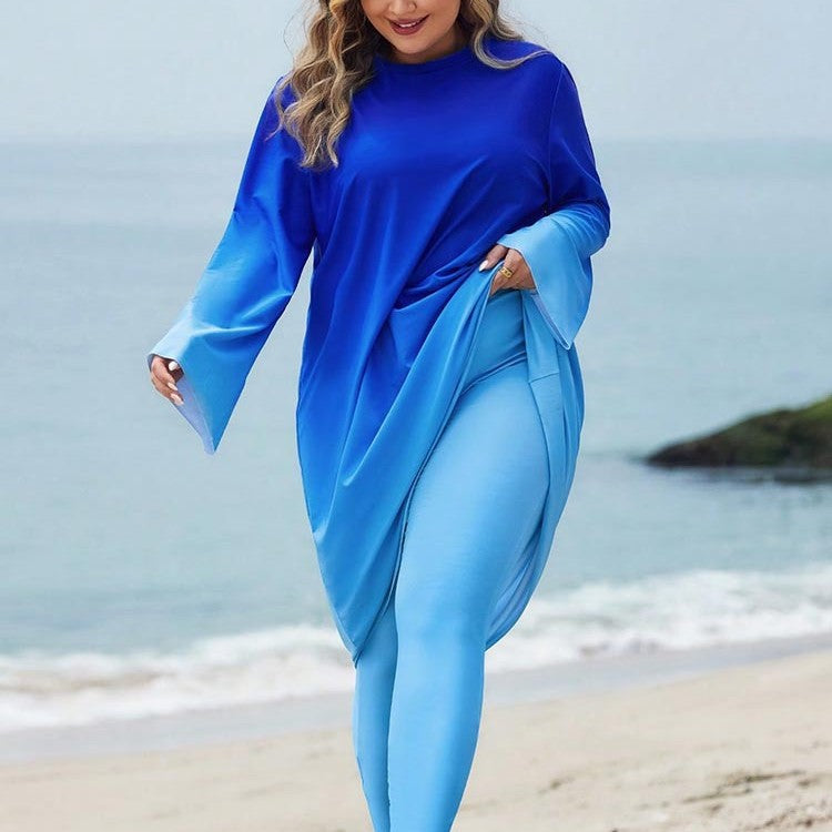 Damen cremiger Strandkleid mit langen Ärmeln und modischem Farbverlauf Drune