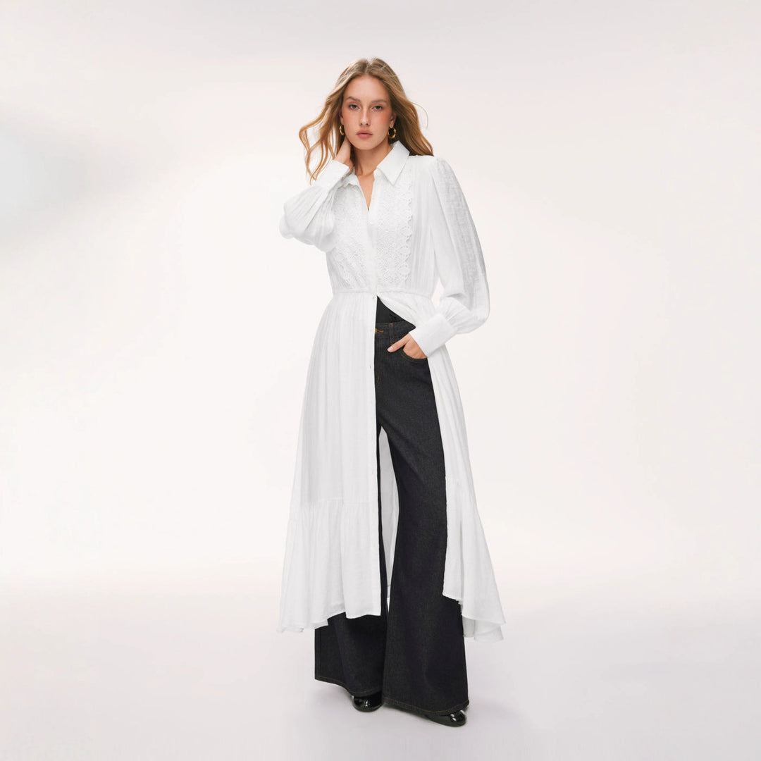 Damen Langes Hemdblusenkleid mit Spitzenbesatz, Taillierung und Stufenrock Drune