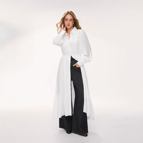 Damen Langes Hemdblusenkleid mit Spitzenbesatz, Taillierung und Stufenrock Drune
