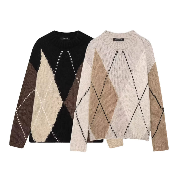 Damen Grobgestrickter Argyle-Pullover mit Oversize-Schnitt und Rippkragen Drune
