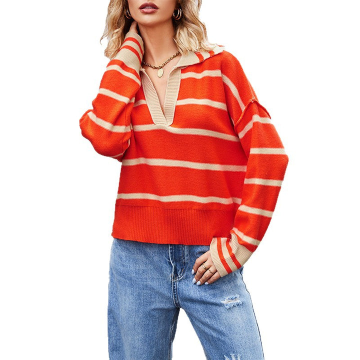 Damen lässiger Pullover mit V-Ausschnitt und breitem Streifenmuster Drune