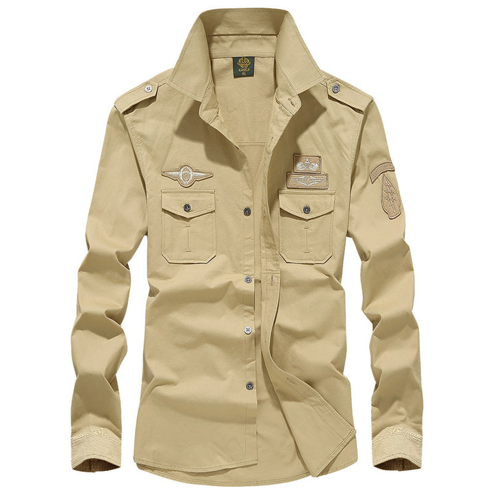 Herren nan militärisch inspiriertes Langarm-Utility-Hemd mit Schulterklappen, aufgesetzten Brusttaschen und Abzeichen Drune