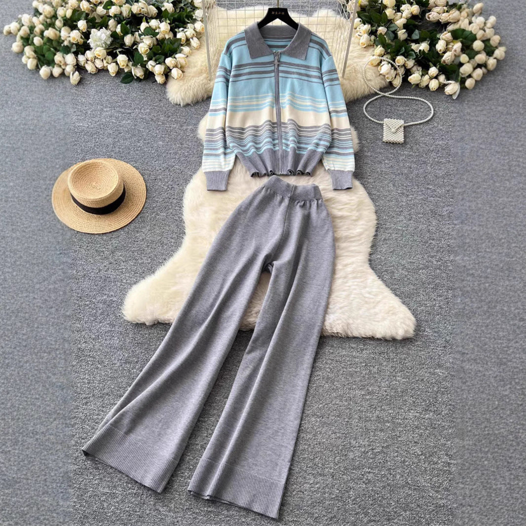 Damen modisches Freizeit-Loungewear-Set mit Reißverschluss und breitem Bein Drune