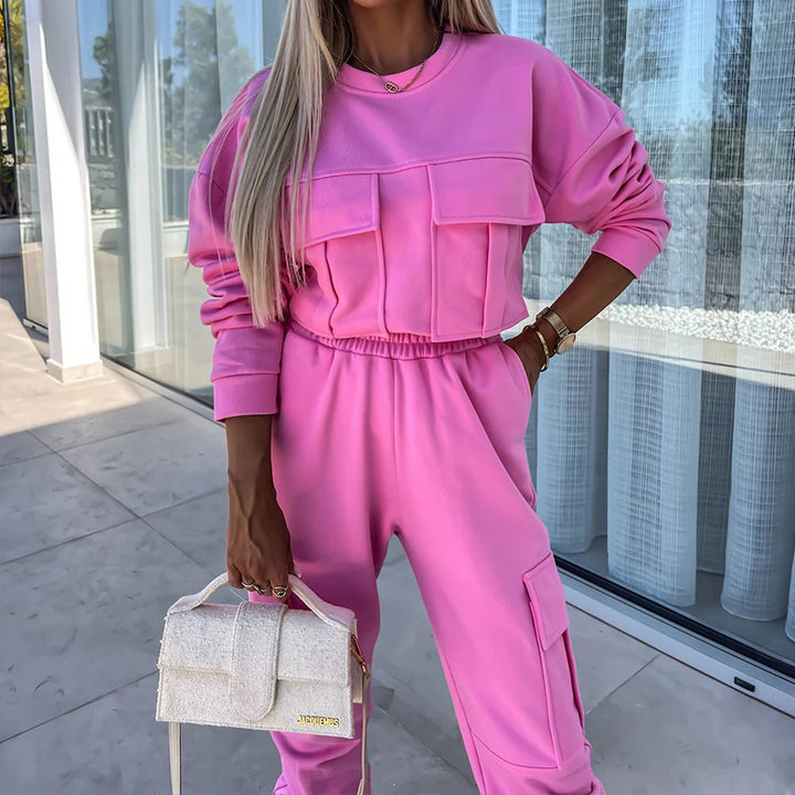 Damen Cargo-Loungewear-Set aus weicher Baumwollmischung mit hoher Taille und aufgesetzten Cargo-Taschen Drune