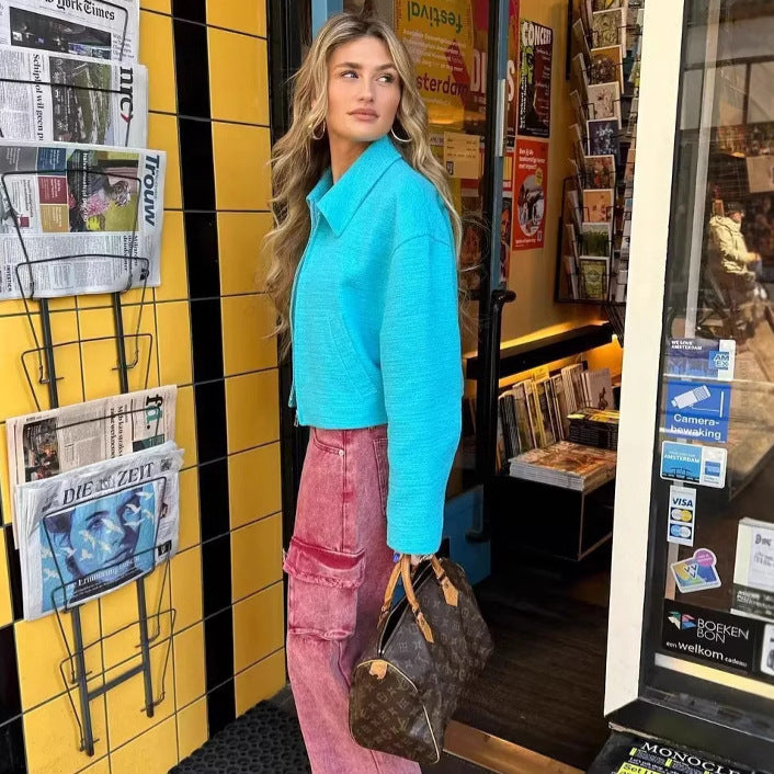 Damen nan cropped kastige Tweedjacke mit Hemdkragen, verdecktem Reißverschluss und Paspeltaschen Drune