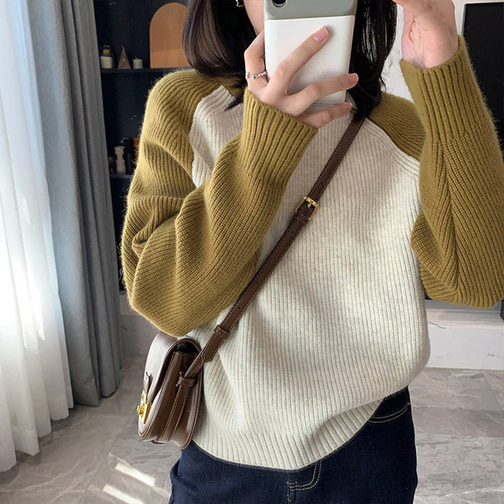 Damen lässiger Strickpullover mit modernem Rippenmuster und Raglanärmeln Drune
