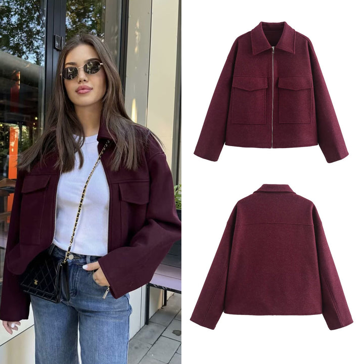 Damen Kurzjacke aus Wollmix mit großen Pattentaschen und durchgehendem Reißverschluss Drune