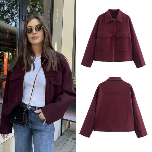 Damen Kurzjacke aus Wollmix mit großen Pattentaschen und durchgehendem Reißverschluss Drune