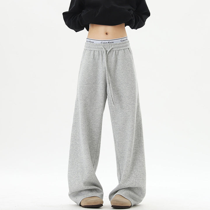 Damen Weite Loungehose mit hoher Taille aus Fleece, Tunnelzug und Seitentaschen Drune