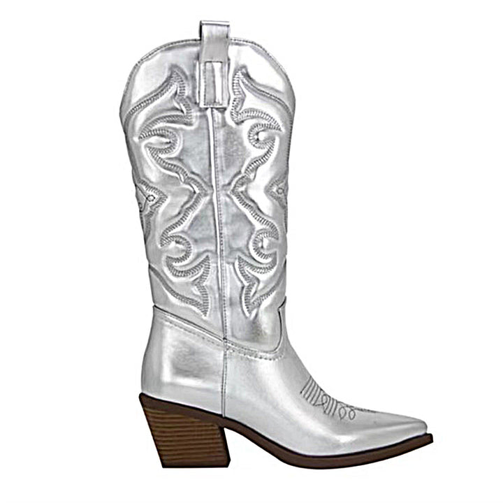 Damen nan metallische Westernstiefel mit mittelhohem Schaft dekorativer Stickerei und Seitenreißverschluss Drune