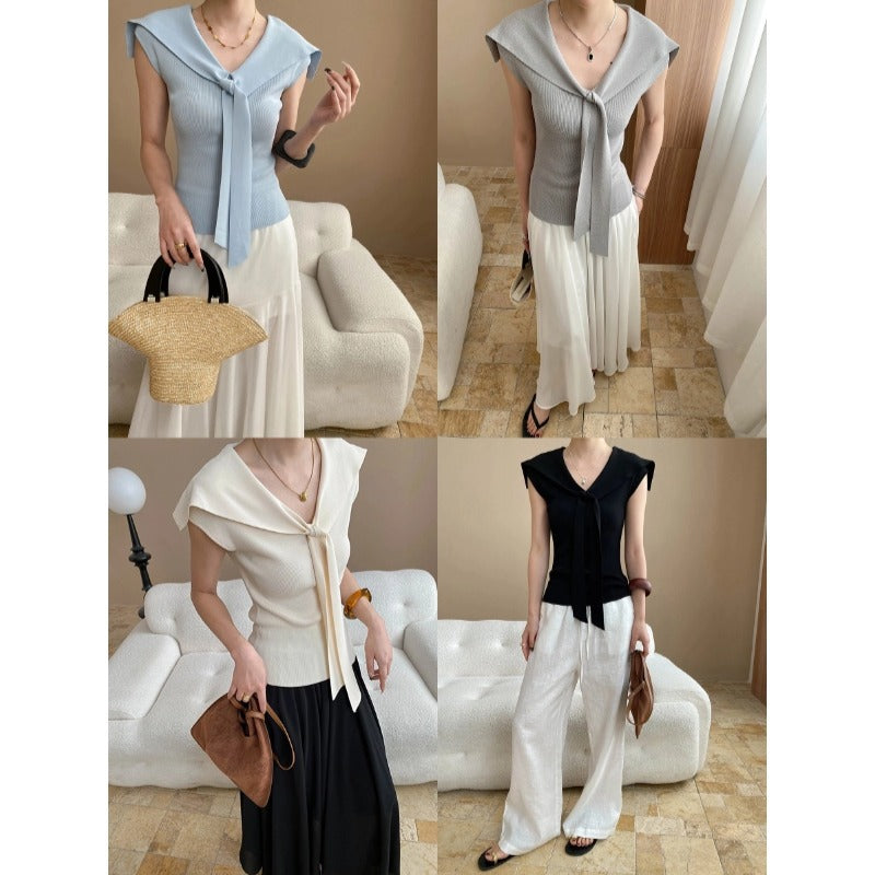 Damen elegantes Oberteil mit schickem Schleifenkragen Drune