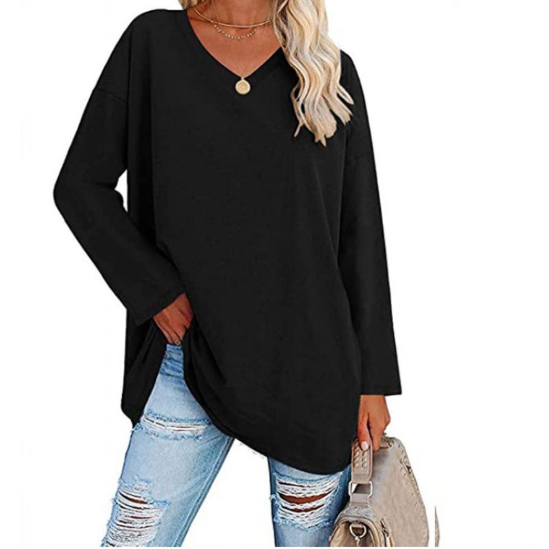 Damen Lässiges V-Ausschnitt Sweatshirt mit langen Ärmeln und asymmetrischem Saum Drune