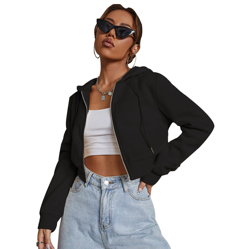 Damen kurze Kapuzenjacke mit durchgehendem Reißverschluss taillierter Silhouette und elastischen Bündchen Drune
