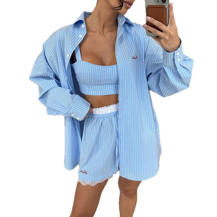 Damen Loungewear-Kombination mit gestreiftem Oversize-Hemd und bequemen Shorts Drune
