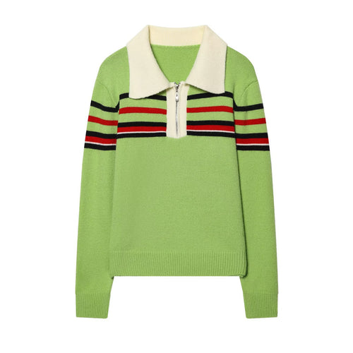Damen Gestreifter Strickpullover mit halbem Reißverschluss und großem Hemdkragen Drune