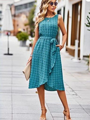 Damen Wickelkleid mit glänzenden Punkten und Taillengürtel Drune