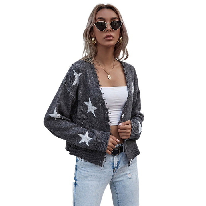 Damen Lässiger Cardigan mit Sternenprint und Knopfdetails Drune