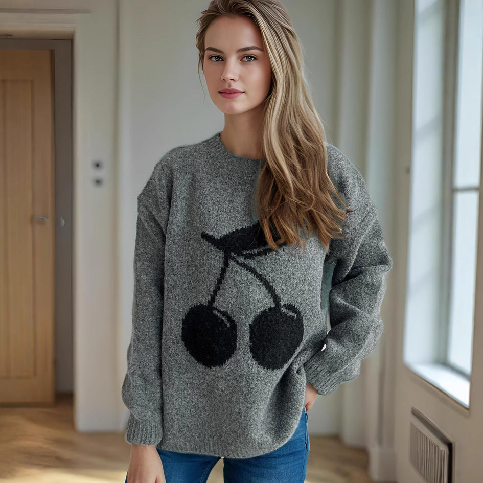 Damen gemütlicher Pullover mit fröhlichem Fruchtmotiv Drune