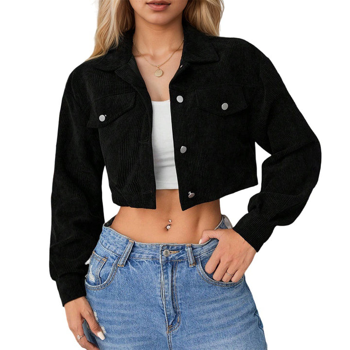 Damen kurze taillierte Cordjacke mit Brusttaschen und Druckknopfleiste Drune