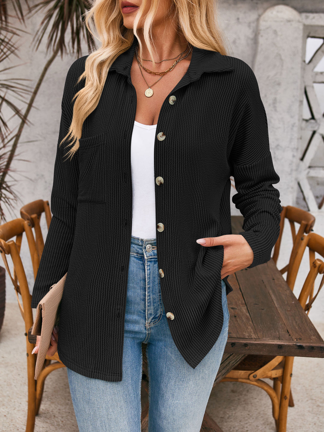 Damen Gerippte Oversize-Hemdjacke mit durchgehender Knopfleiste und Hemdkragen Drune