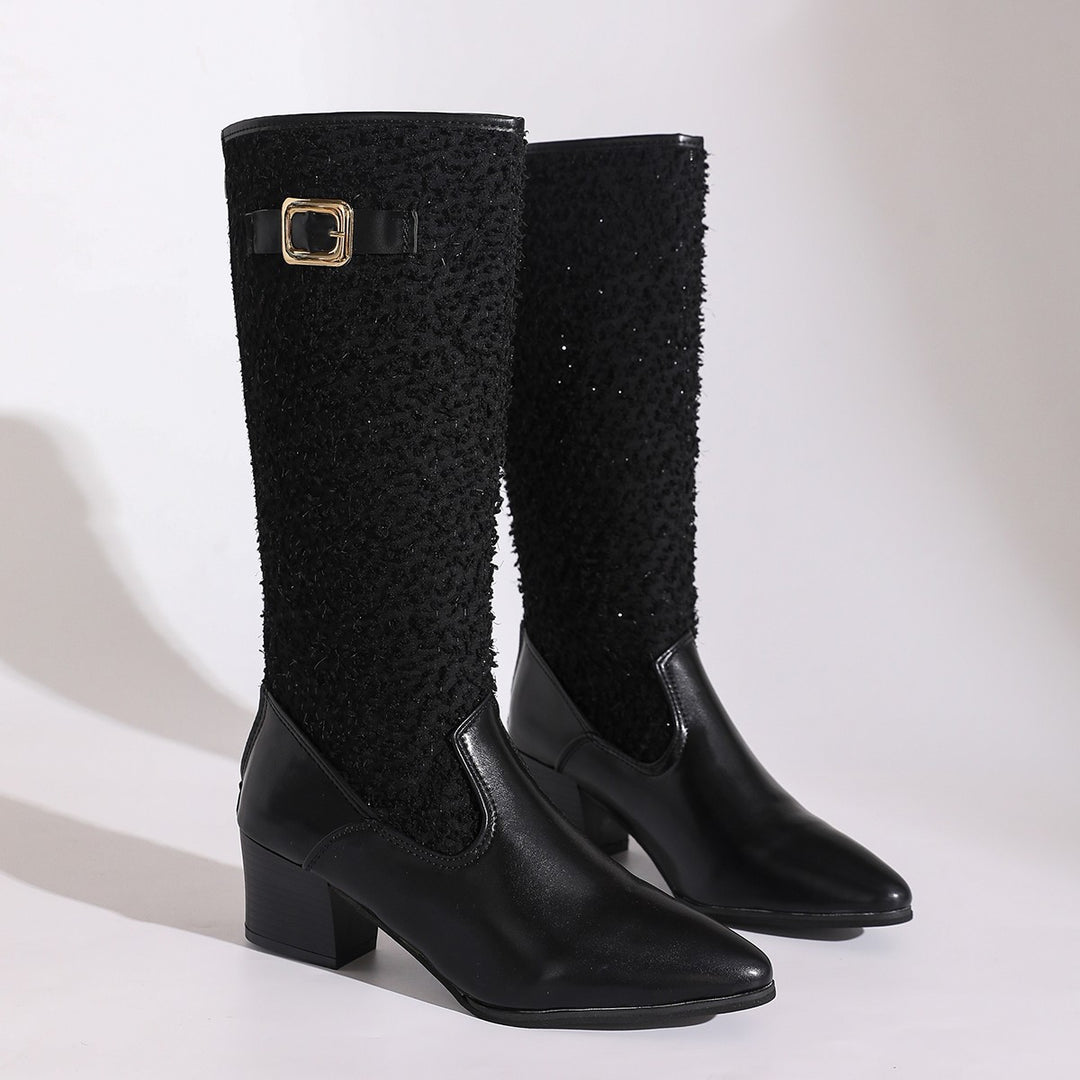 Damen modische Overknee-Stiefel mit elegantem Strickmuster und komfortablem blockiertem Absatz Drune