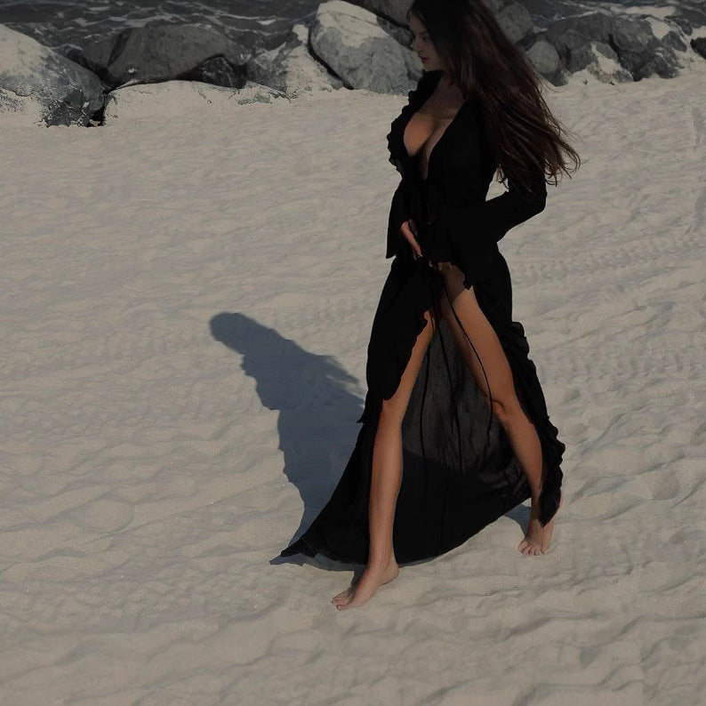 Damen Strandkleid mit raffinierten Rüschen und tiefem V-Ausschnitt Drune