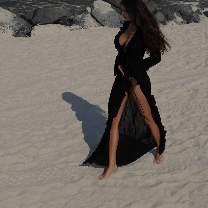 Damen Strandkleid mit raffinierten Rüschen und tiefem V-Ausschnitt Drune