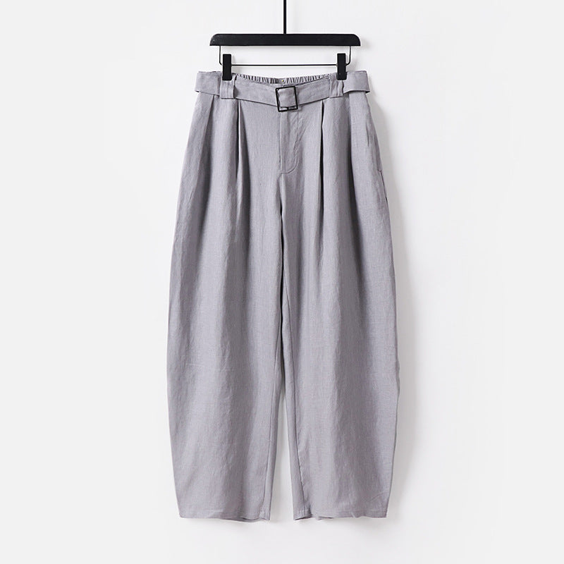 Damen Hochgeschnittene weite Leinenmix-Hose mit Bundfalten und Stoffgürtel Drune