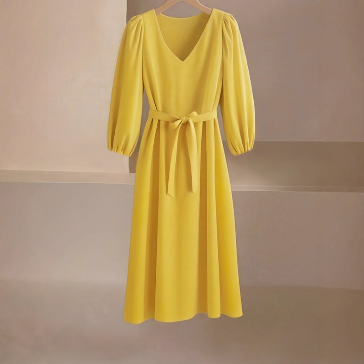 Damen Maxikleid mit V-Ausschnitt und eleganten Puffärmeln Drune